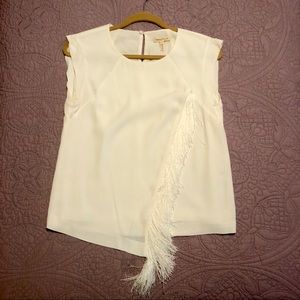 REBECCA TAYLOR White Crepe CapSleeve Fringe Blouse